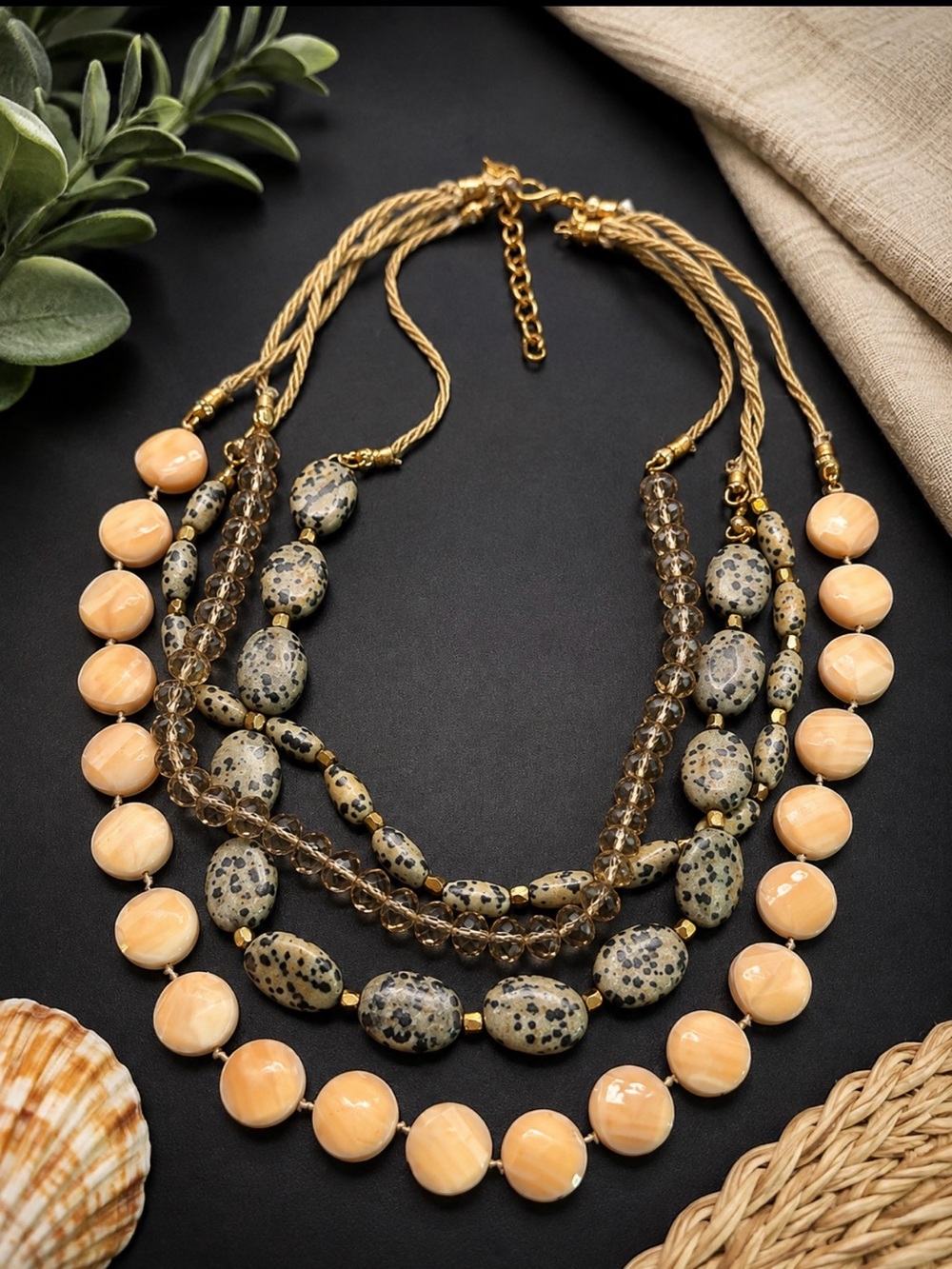 Boho Multi Strand Statement Necklace Peach Dalmatian Jasper Crystal Beaded Beach